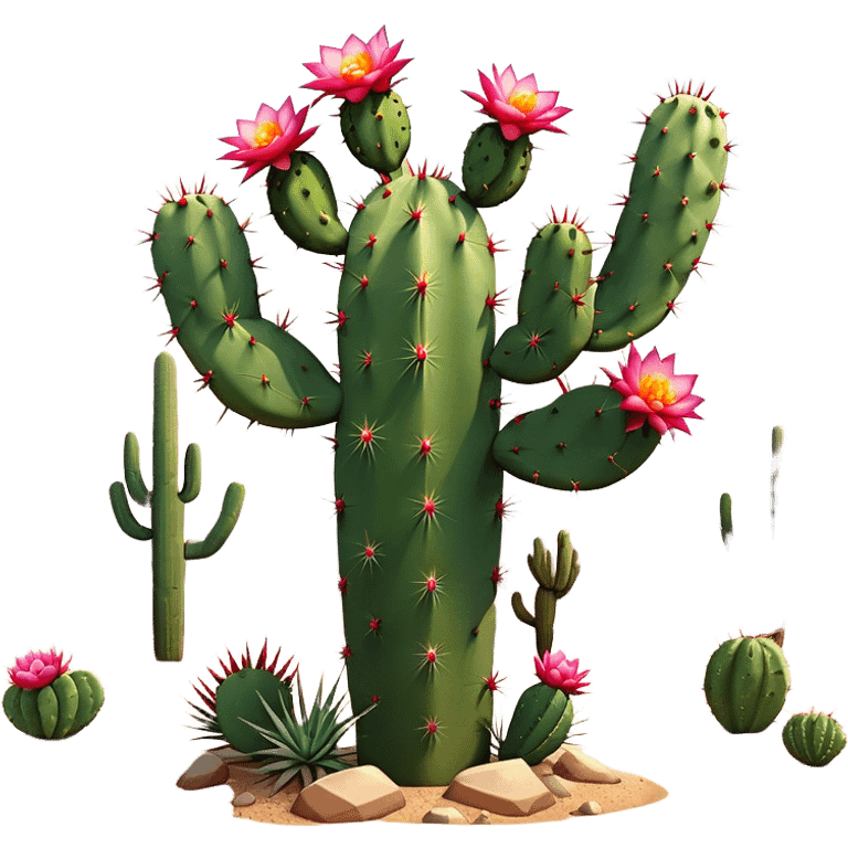 Cinematic Realistic Cactus Emoji, Tall and spiny, with thick, rounded stems covered in sharp spines. Bright flowers bloom at the tips of some branches, adding a pop of color against the desert backdrop. Soft glowing outline, capturing the essence of strength, survival, and desert beauty in a striking cactus! emoji