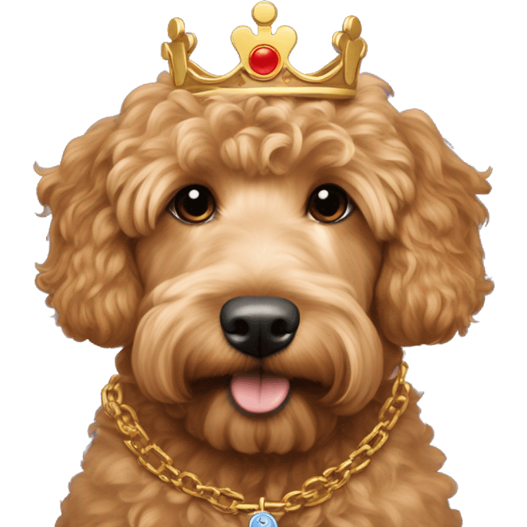 red apricot mini goldendoodle wearing golden crown and a gold chain with Dart Technologies logo emoji