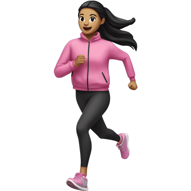 black long haird lady with a ponytail running while wearing a pink define jacket emoji