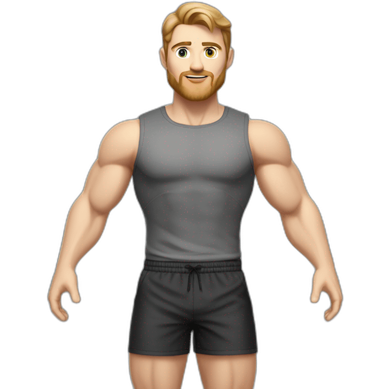 Full height Pale skinned muscular man With Realistic eyes and mouth, light brown hair and stubble In dark gray sleeveless mike, black oversize sports shorts, watch and white sneakers. emoji