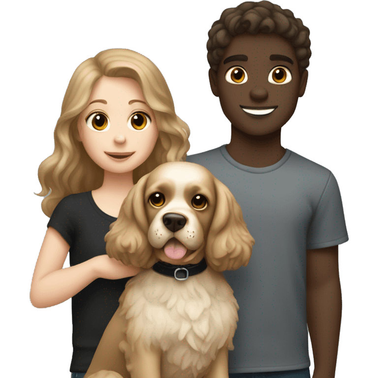 brown hair girl and Blond hair boy holding a black cocker spaniel emoji