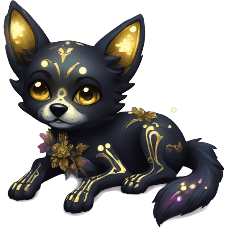 Black iridescent dog fox zombie skeleton gold mechanical nebula galaxy stars flowers fairy lights vintage emoji