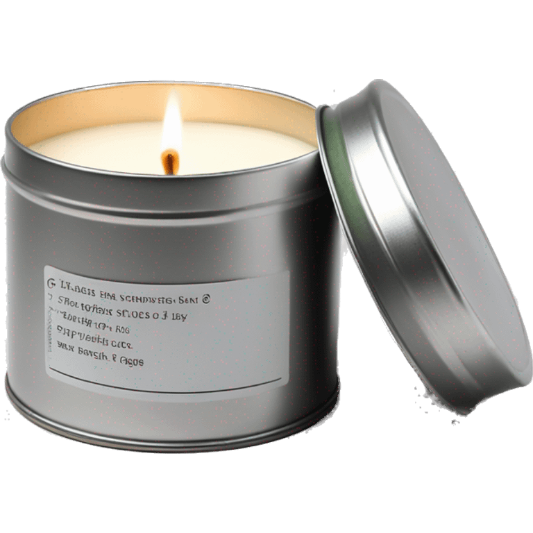 realistic, lit matcha scented candle, silver tin, small plain white label with black text emoji