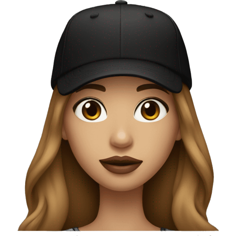 A beautiful woman wearing a black cap and black sweatshirt, big lips, brown straight long hair.  emoji