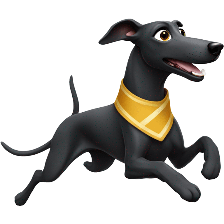 Black greyhound running with sash with number emoji