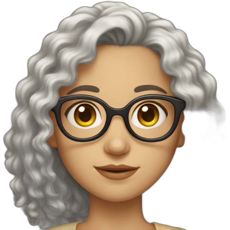 Caucasian girl, long curly black hair, brown eyes, golden glasses with tiny frames, just face emoji