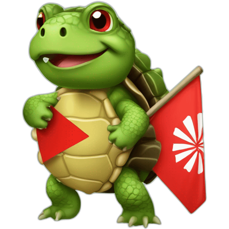 A cute green little snapping turtle with a red warning flag emoji