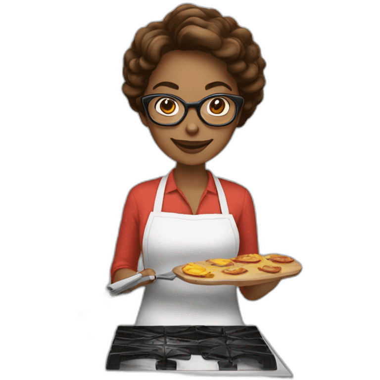 Woman with light skin and brown hair with glasses cooking in kitchen emoji