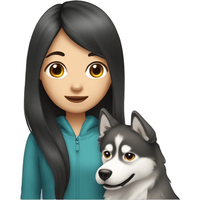 Long hair Asian Girl with husky dog emoji