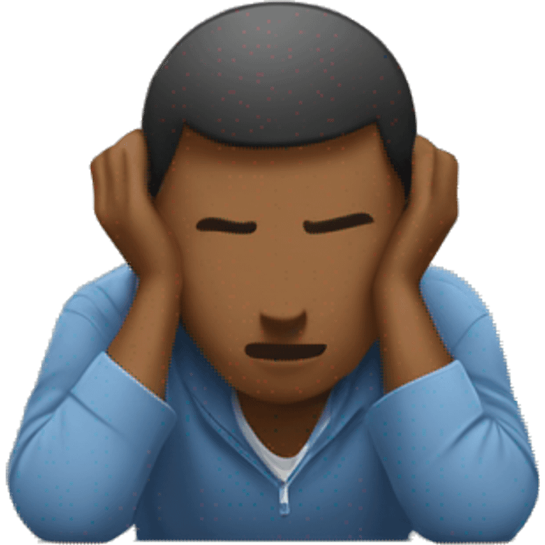 person with their head resting on a desk, indicating frustration or exhaustion. The person should have short hair, be wearing casual clothing, and the desk should be a plain wooden surface. emoji