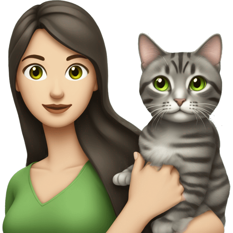 A woman with long dark brown hair and green eyes holds a gray tabby cat with green eyes in her arms emoji