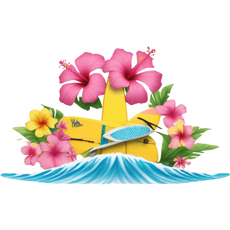 Assign saying aloha with pink and yellow hibiscus and ocean waves and a surfboard emoji