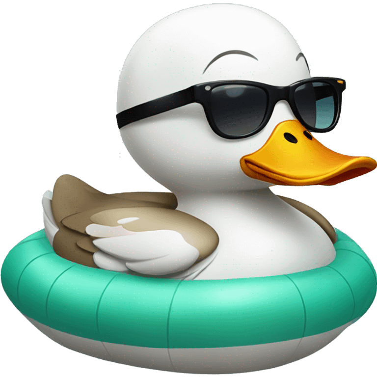 Duck with sunglasses on and swimming in a duck floatie on sea emoji