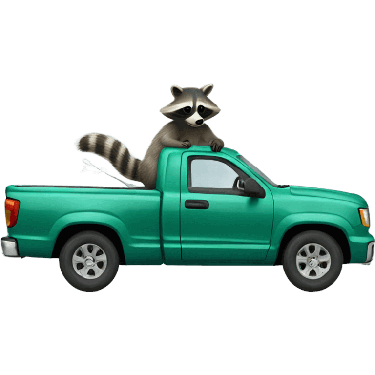 Raccoon driving blue green blue pickup truck emoji