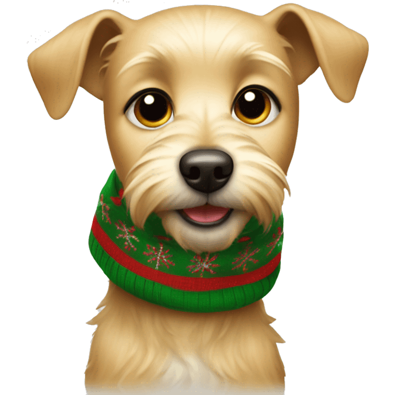 All blonde small terrier dog with floppy ears wearing Christmas scarf emoji