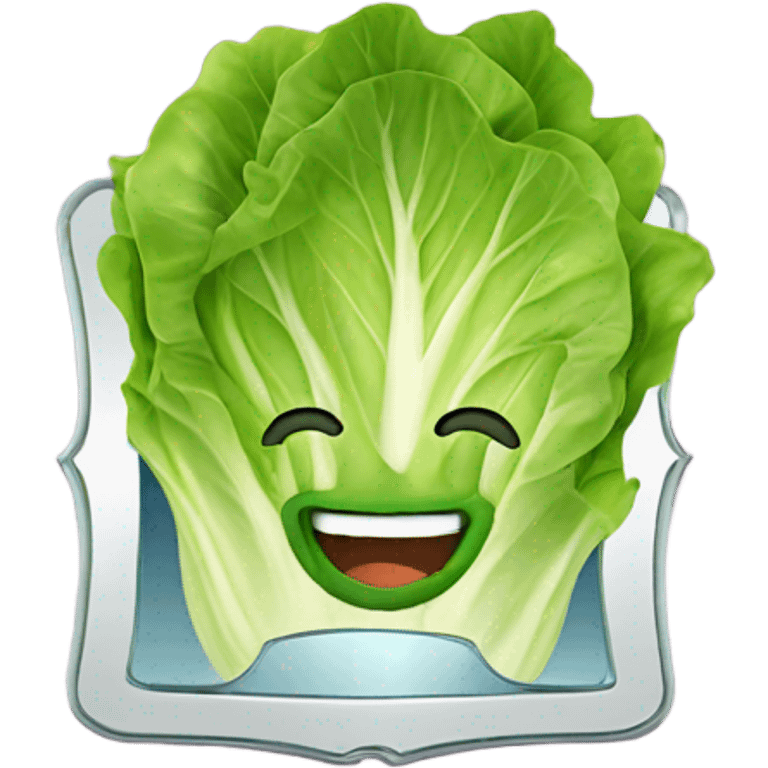 lettuce with a happy face holds a mirror in his hand and looks at it emoji