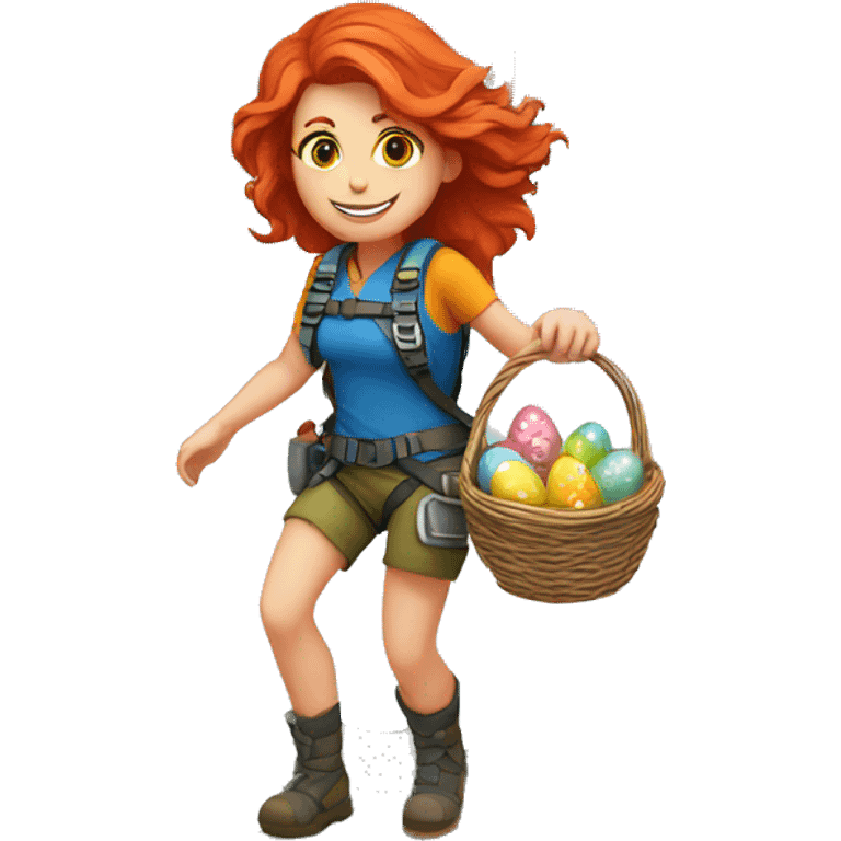 Female mountain climber red hair climbing with Greek flag and holding Easter eggs basket emoji