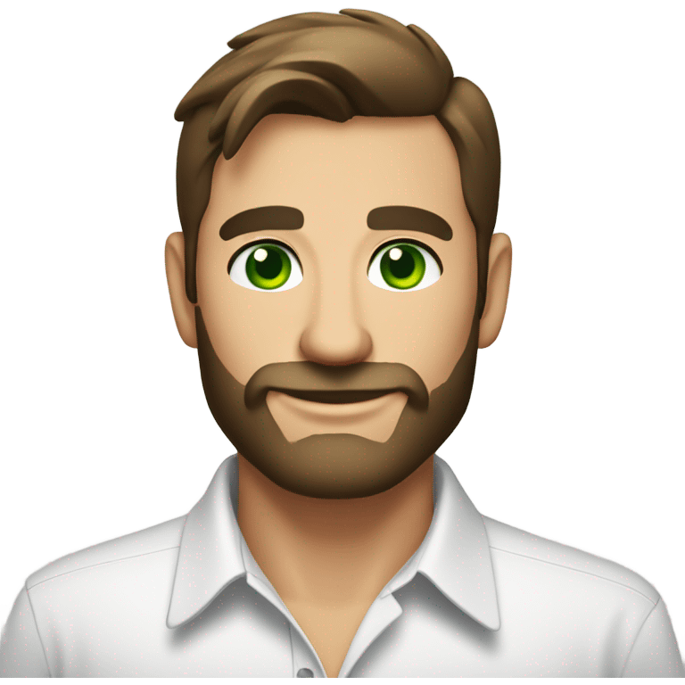 handsome optimist brunette man and beard green eyes wearing white button down shirt  emoji