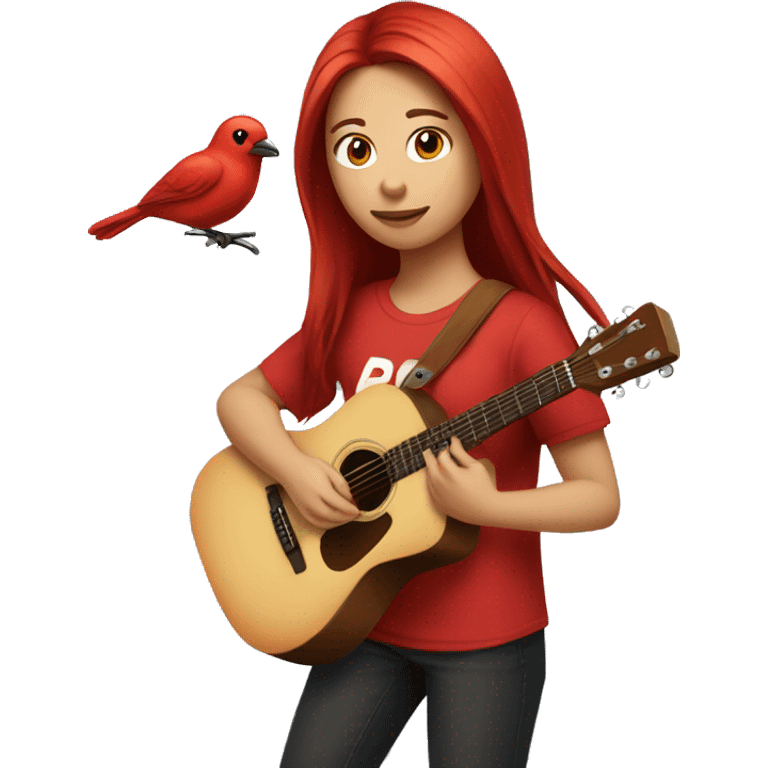 Girl red colored medium long hair with a red shirt playing guitar and she has a bird on her shoulder emoji