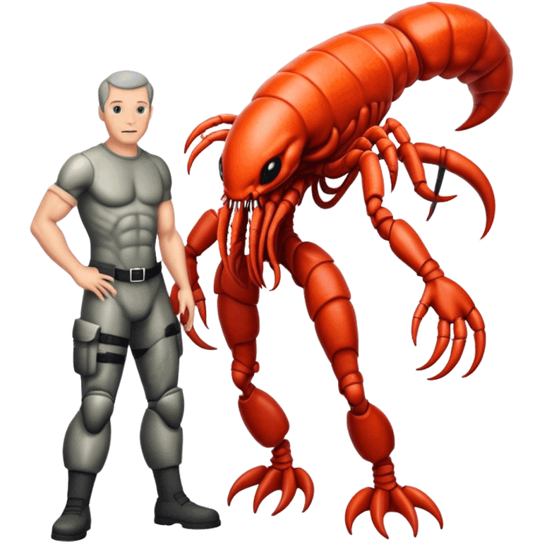 xenomorph alien in lobster skin in man legs, big head emoji