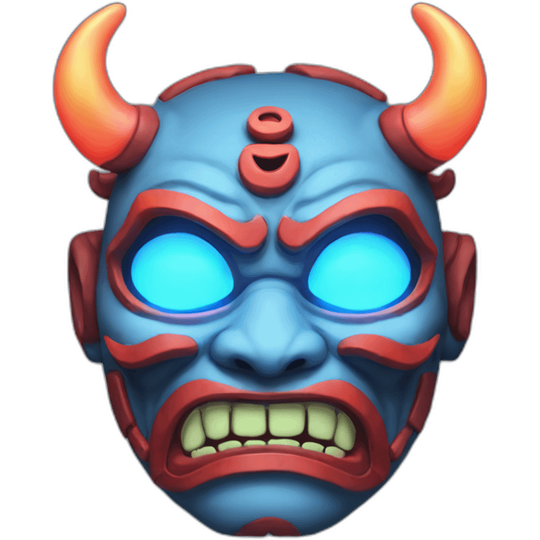 ONI MASK blue color,eyes glowing neon, japanese emoji