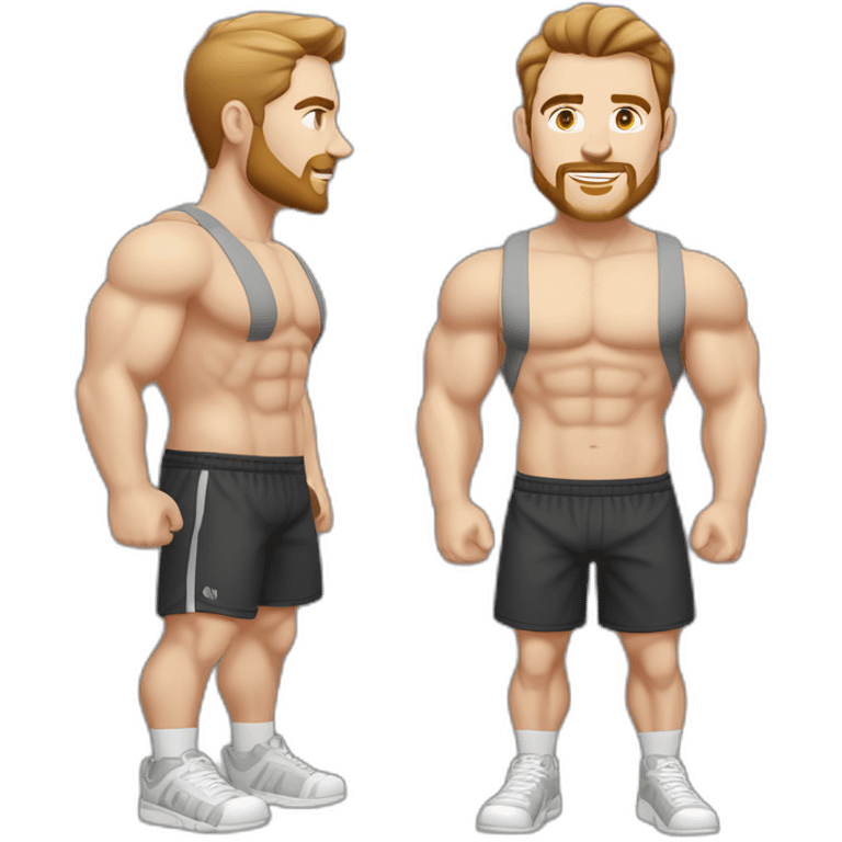 Full height Pale skinned fit man With biceps, Realistic eyes and mouth, light brown hair and stubble In dark gray sleeveless mike, black oversize sports shorts, watch and white sneakers. emoji