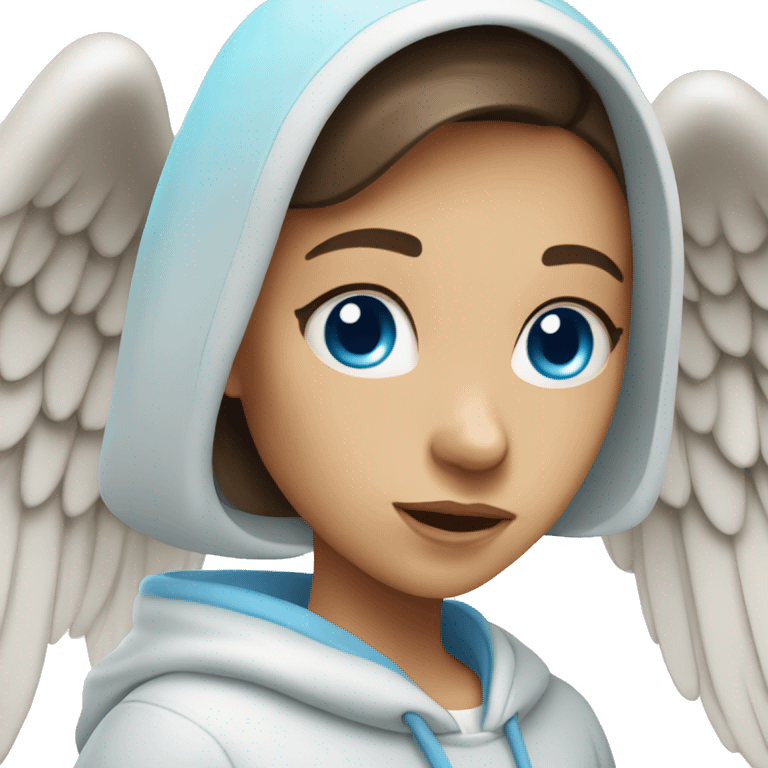 White brunette female Angel with blue eyes and dimples wearing a hoodie emoji