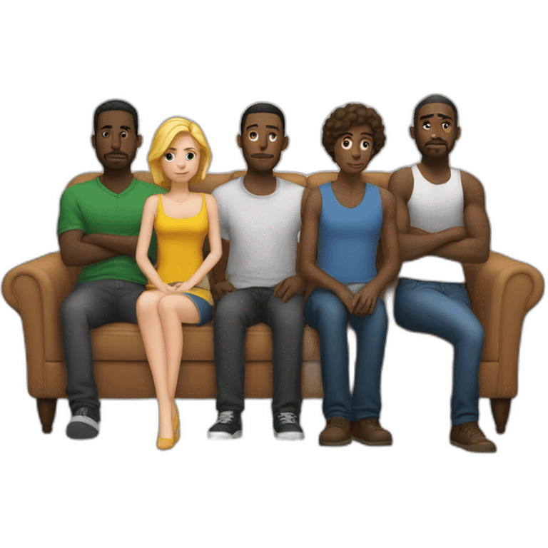 5 black men standing behind a couch on which a single young white woman sits alone and noone besides her sits there emoji