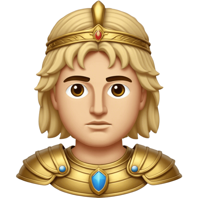 Cinematic Realistic Alexander the Great Portrait Emoji, depicted as a bold, charismatic ancient conqueror in regal armor with a commanding gaze, rendered with lifelike textures and dramatic heroic lighting that captures his legendary ambition. emoji