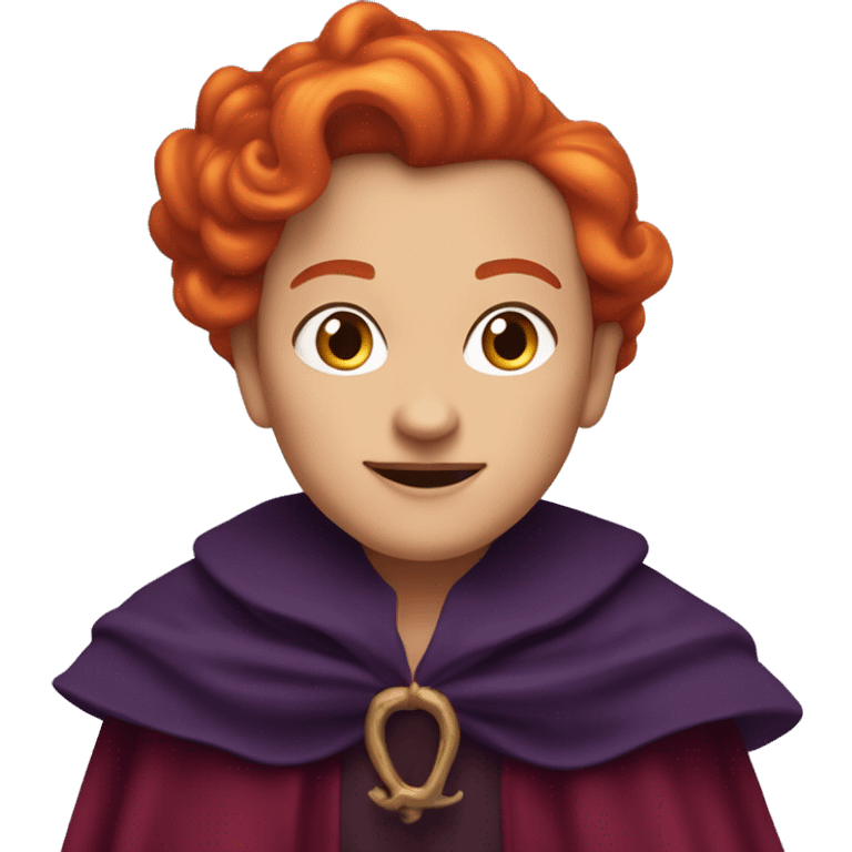 “Apple emoji of Winifred Sanderson: round face, crooked smile with a single front tooth, fiery heart-shaped red-orange hair, thick arched eyebrows, and a hint of a dark purple cloak.” emoji