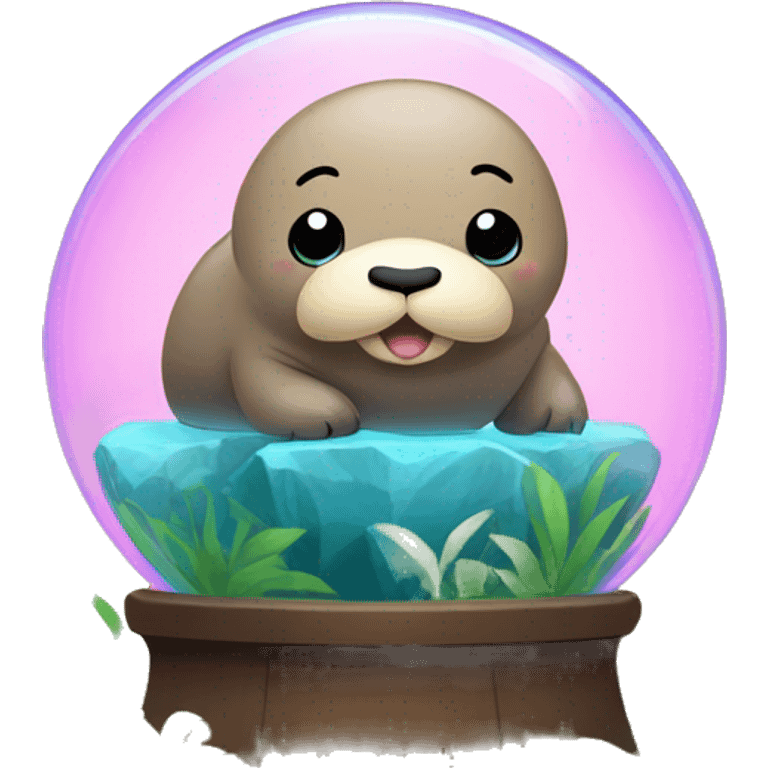 Kawaii colorful baby walrus in a jungle globe emoji