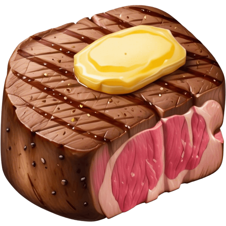 Cinematic thick-cut steak, perfectly seared with grill marks, a juicy pink center, butter melting on top, rich and savory, warm glow, sizzling and mouthwatering, highly detailed and appetizing. emoji