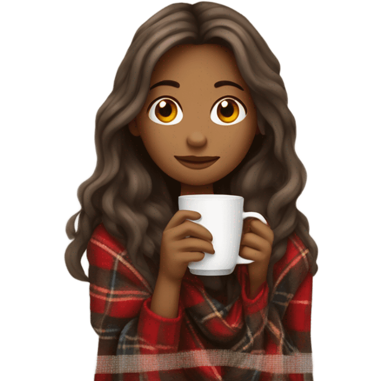 Beautiful girl with long hair wrapped in cozy plaid blanket drinking coffee emoji