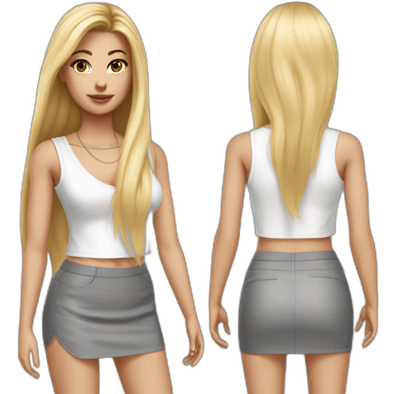 hyperrealistic caucasian blonde, long straight hair, white deep v-neck crop tanktop, gray tight mini skirt emoji