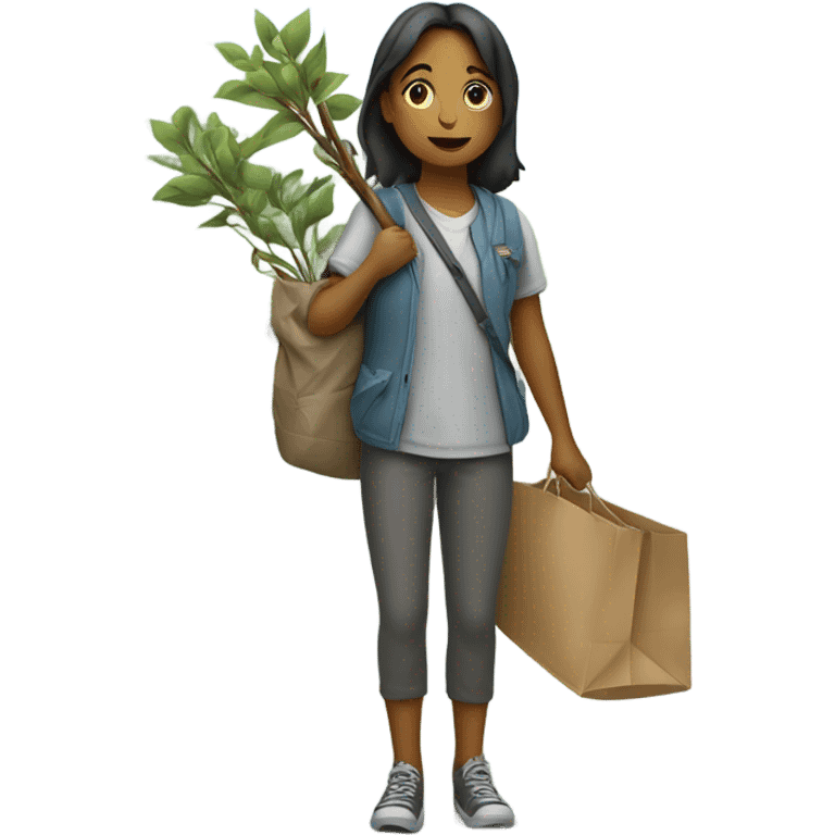 A girl hitchhiking with her stuff on a stick emoji