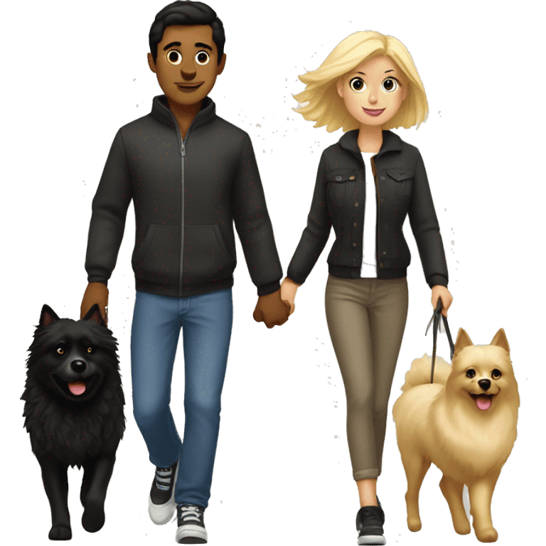 a guy with dark hair and a girl with blond hair and a bob are walking with a black Spitz emoji