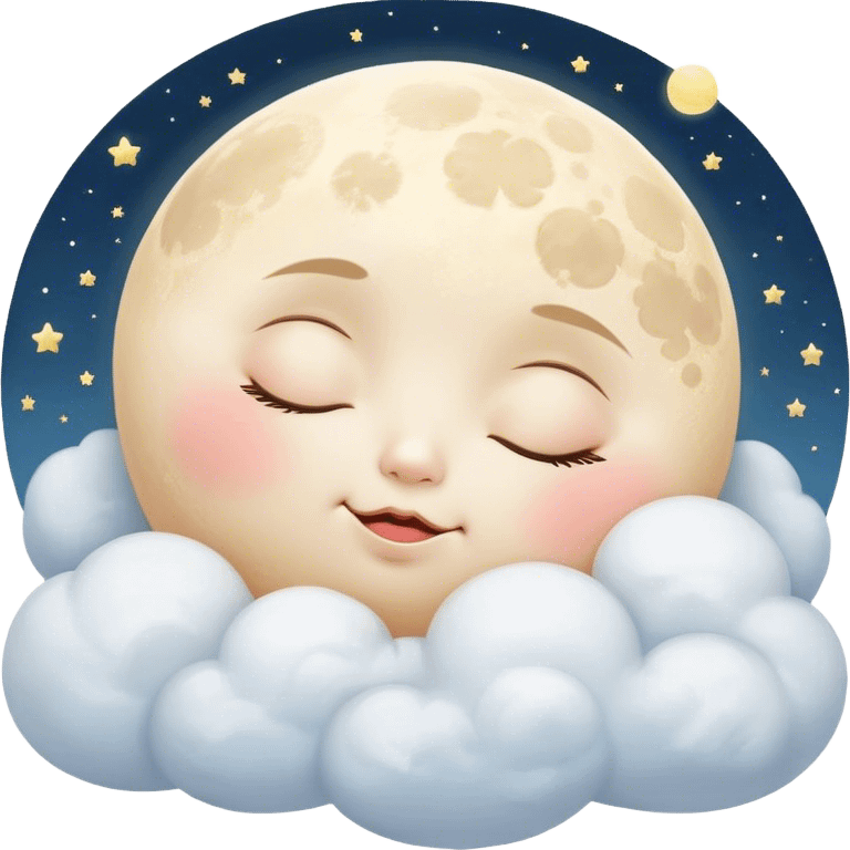 Cinematic adorable moon with a sleepy face, round and chubby, soft glowing light, tiny rosy cheeks, resting on a bed of fluffy clouds, dreamy and peaceful. emoji