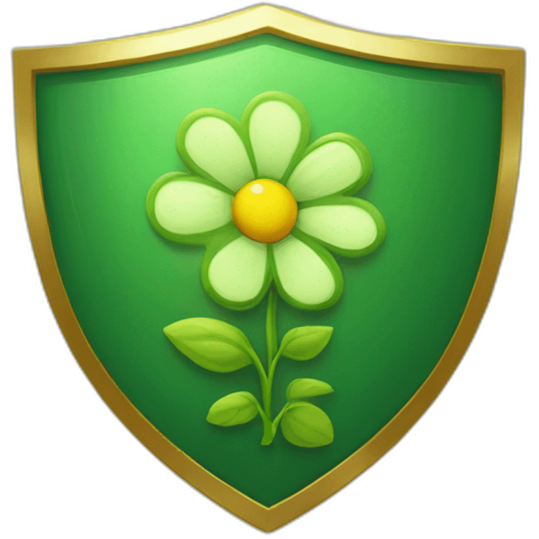 green shield with a gold border and a sprouting flower at the centre emoji