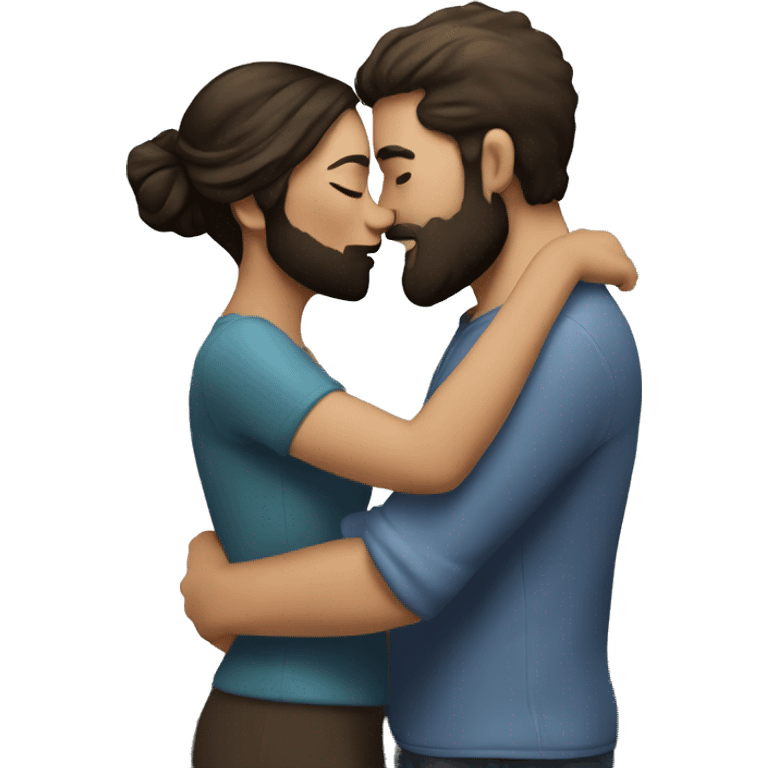 A couple in love, he with a beard and she are dark-haired white, they kiss against the background of mountains emoji