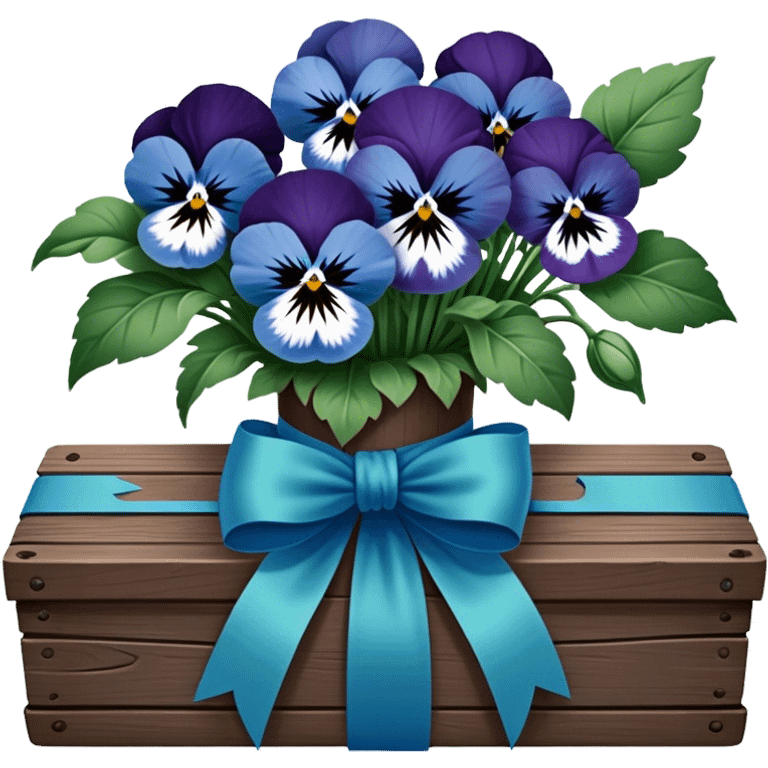 A beautifully tied deep green ribbon wrapped around a bouquet of soft blue pansies, displayed on an antique wooden table. emoji