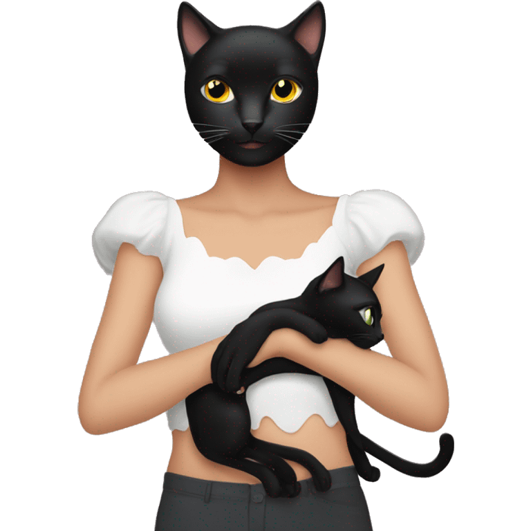 black cat hanging on beautiful woman's arms emoji