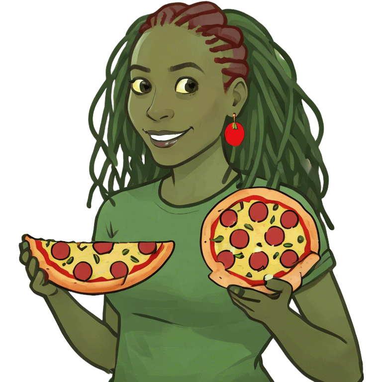 African-American woman with dreadlocks holding a precious slice of pepperoni pizza ￼ emoji