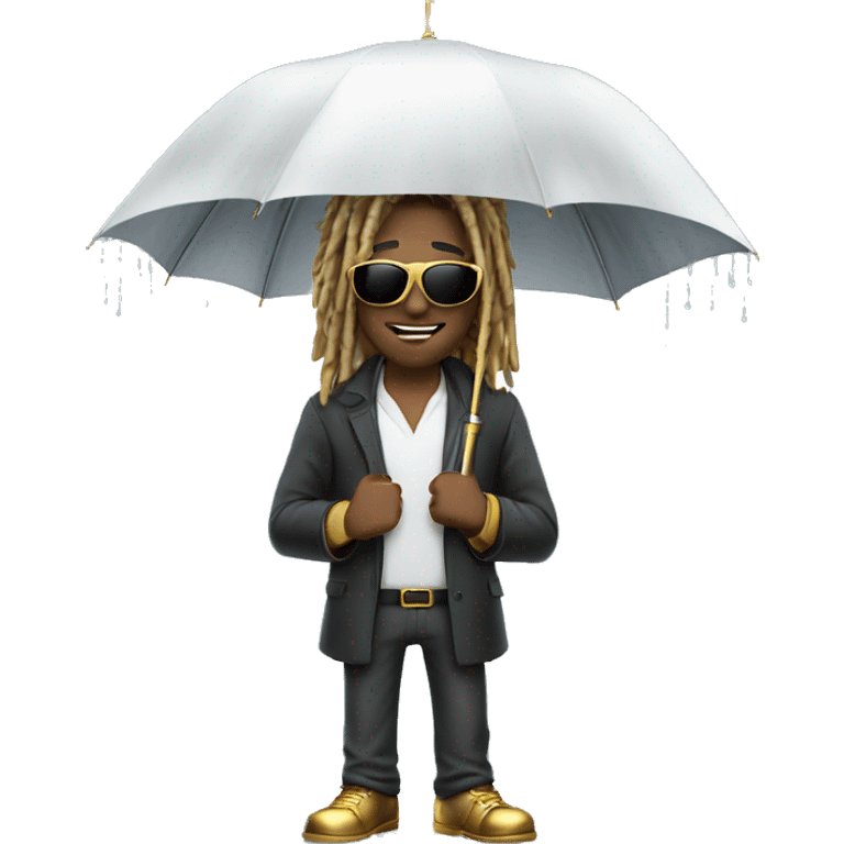 White male with dreadlocks gold sunglasses on holding umbrella for the rain but instead of rain its money  emoji