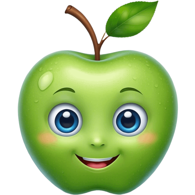 A cute green apple with a big smile and blue expressive big eyes emoji