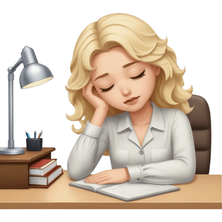 Pretty blonde model, brown eyes, soft wavy hair, falling asleep at desk emoji