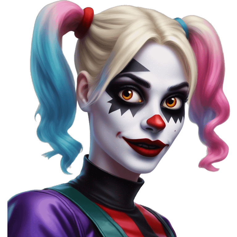 Synthwave Harley Quinn in Uncle Scrooge style, oil paint, mysterious eyes, intricate lips, masterpiece portrait, odd perspective, beautiful, desirable, logical emoji