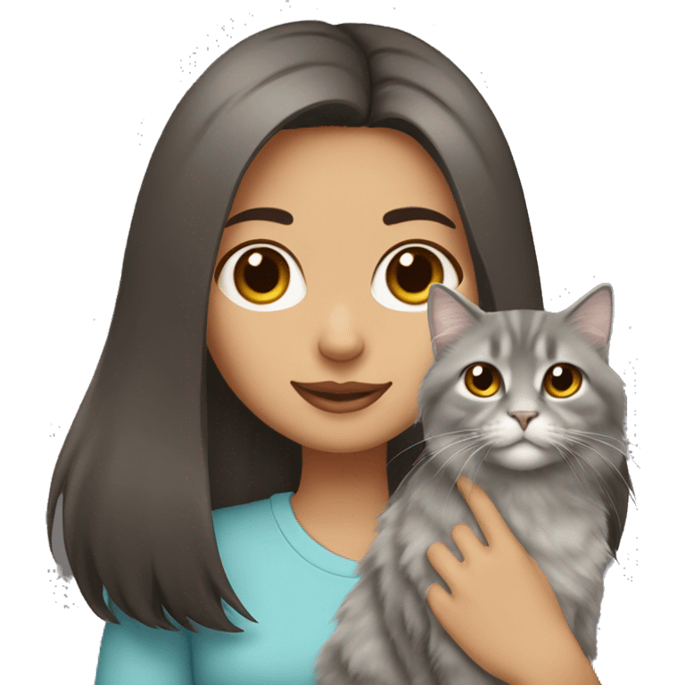 Dark brown straight hair girl holding fluffy Siberian gray cat  emoji