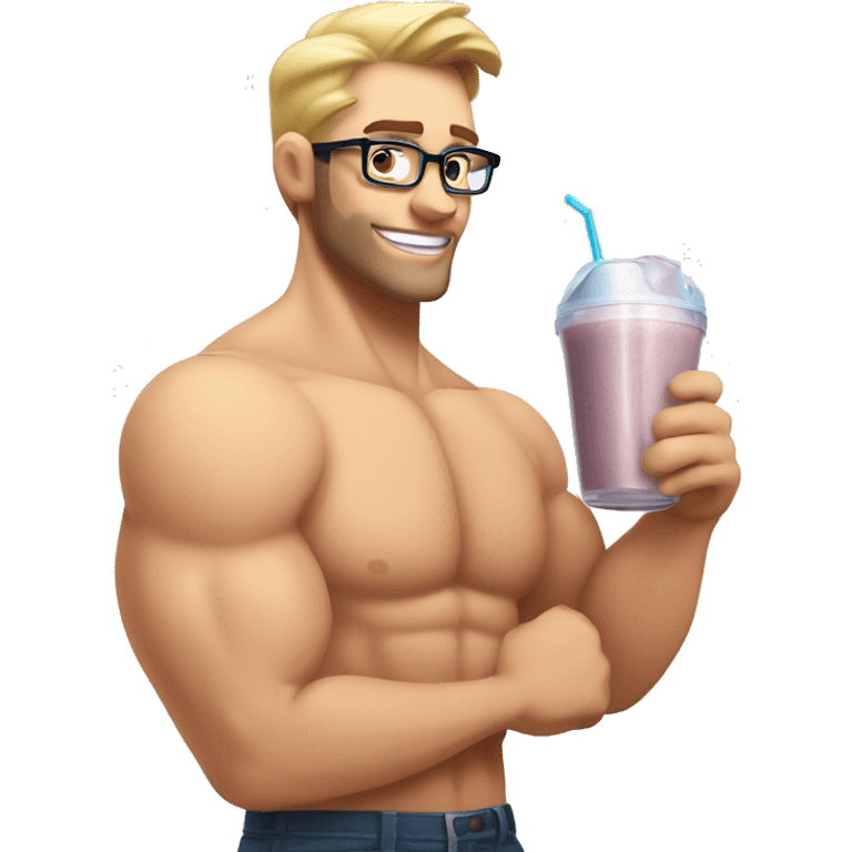 caucasian white muscled guy drinking a protein shake, half body shirtless, wear glasses emoji