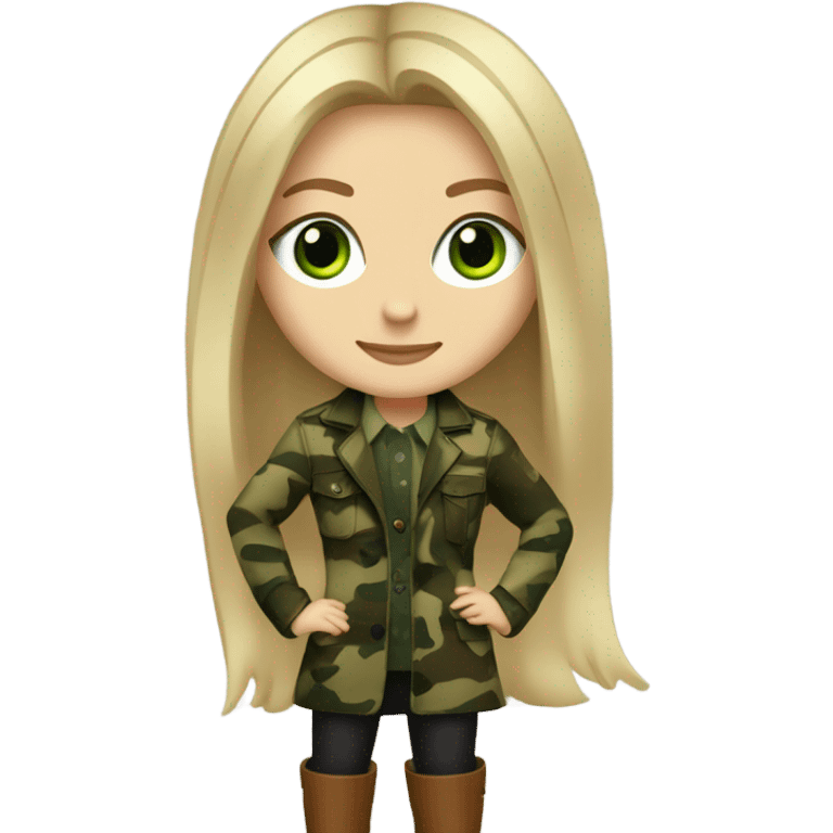 White girl with Long blonde hair and green eyes, camouflage Wool oversize blazer, mini dress and Brown leather boots  emoji