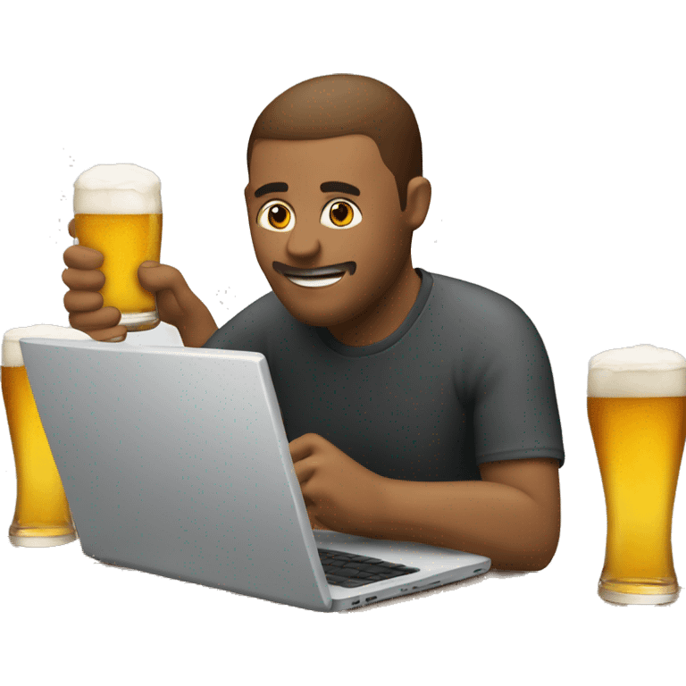 A man at a laptop with a beer emoji